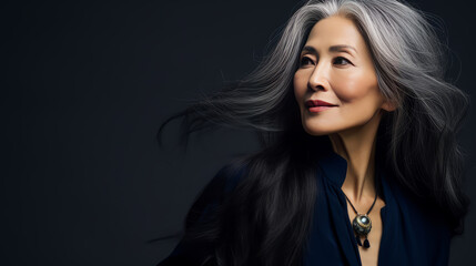 Fototapeta premium Smiling, elderly, chic Asian woman with gray long hair and perfect skin, on a dark blue background, banner.