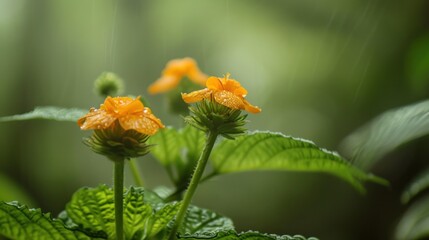  a couple of yellow flowers sitting on top of a lush green leaf covered forest filled with lots of green leaves.
