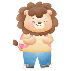 Cute lion cartoon with backpack go to school