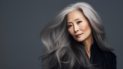 Smiling, elderly, gorgeous Asian woman with gray long hair and perfect skin, on a silver background, banner.