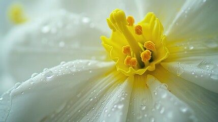  a close up of a white and yellow flower with drops of water on the petals and the center of the flower.