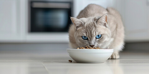 A gray cat with blue eyes sits on the floor in the living room, next to a bowl, and eats premium...
