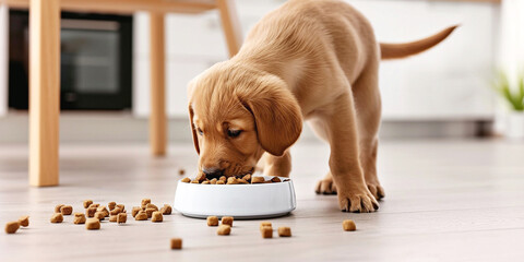 A light brown hungry Labrador puppy sits on the floor in the kitchen near a bowl of food and eats dry food. Concept of caring and feeding pets