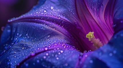  a close up of a purple flower with drops of water on it and a yellow stamen in the center. - Powered by Adobe