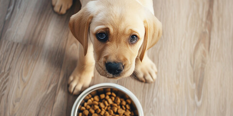 A light beige hungry Labrador puppy sits on the floor in the kitchen near a bowl of food and looks up. View from above. Concept of caring and feeding pets