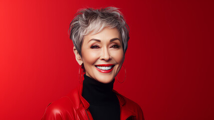 Elegant, smiling, elderly, chic Asian woman with gray hair and perfect skin on a red background banner. - obrazy, fototapety, plakaty