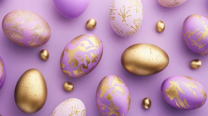Foto op Canvas  a group of gold and purple easter eggs on a purple surface with gold leafy designs on the egg shells. © Shanti