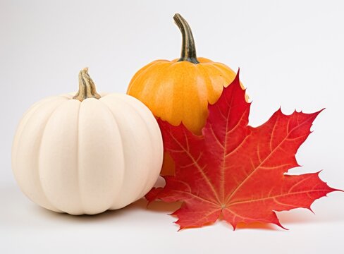 Orange pumpkin, white pumpkin and dry maple leaf on isolated white background. thanksgiving and autumn theme, minimalist design