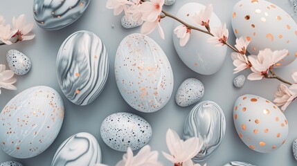  a bunch of white eggs with gold speckles and a branch of a cherry blossom on a gray background.