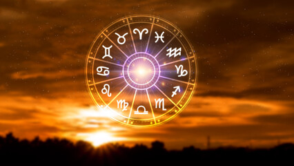 Concept of astrology and horoscope, person inside a zodiac sign wheel, Astrological zodiac signs inside of horoscope circle, Astrology, knowledge of stars in the sky, power of the universe concept.