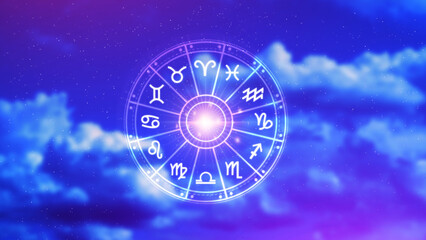 Obraz na płótnie Canvas Concept of astrology and horoscope, person inside a zodiac sign wheel, Astrological zodiac signs inside of horoscope circle, Astrology, knowledge of stars in the sky, power of the universe concept.