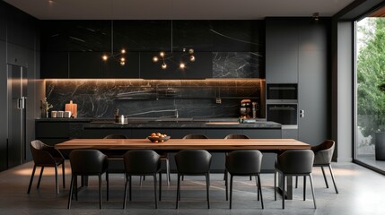 A kitchen room with a modern interior design with a wooden table and chairs for the house