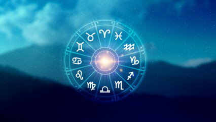 Concept of astrology and horoscope, person inside a zodiac sign wheel, Astrological zodiac signs inside of horoscope circle, Astrology, knowledge of stars in the sky, power of the universe concept.