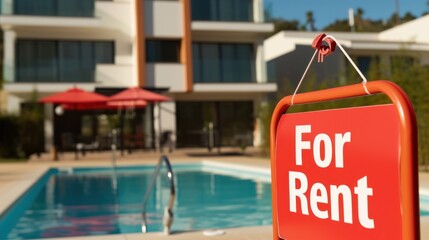 For rent sign with swimming pool in background. Horizontal composition.