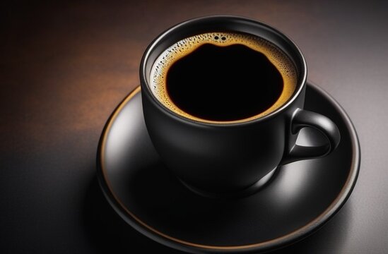 Close up black hot coffee cup .dark scene. black mug