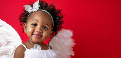 Smiling African American little girl, baby cupid in a white fancy dress with white wings on a red monochrome background. Banner with empty space for text - obrazy, fototapety, plakaty