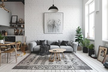 Scandinavian living room with sofa and kitchen, functional large living room - obrazy, fototapety, plakaty