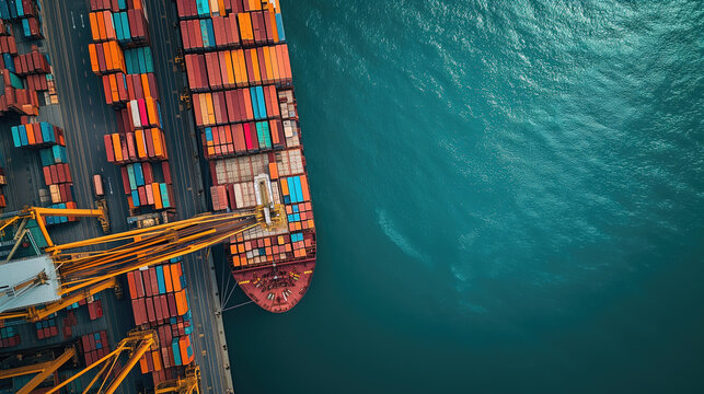 An aerial view shows the complex structure of a seaport with neatly stacked colorful containers, massive cranes and a loading cargo ship