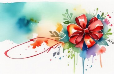 On the white banner there is a watercolor lingering blot of blue flowers to the right and a large red bow. Holiday Concept, Valentine's Day For Birthday, Congratulations