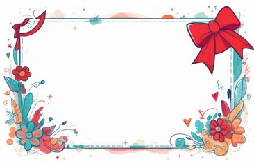 Obraz premium On a white banner there is a bow, flowers and a red ribbon drawn in watercolor and in the center there is a white sheet of paper for text. Holiday Concept, Valentine's Day For Birthday