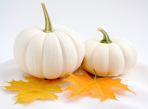 Two white pumpkin and dry maple leaves on isolated white background. thanksgiving and autumn theme, minimal design