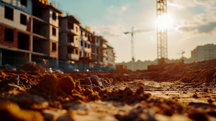 Sunset over a construction site with cranes and unfinished buildings. - obrazy, fototapety, plakaty