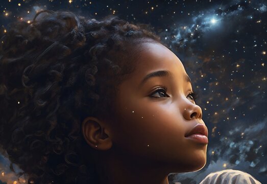 portrait of a little girl looking at the sky full of stars. looking forward to the future