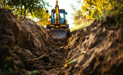 Detail of a digger creating a trench in a residential area.