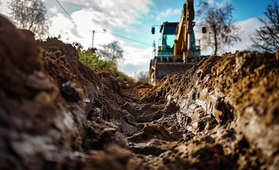 Fototapeta premium Detail of a digger creating a trench in a residential area.