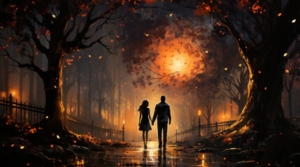 Couples walking at night in the park 