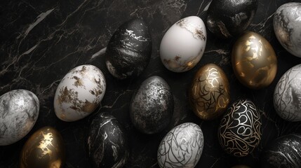 a group of different colored eggs sitting on top of a black marble counter next to a white and gold egg.