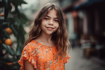 Obraz premium Young Girl in Orange Dress Standing on an Asian Street. Generative AI.