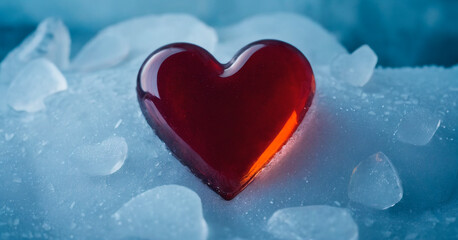 Red heart on ice cubes. Valentines day background. Love concept.