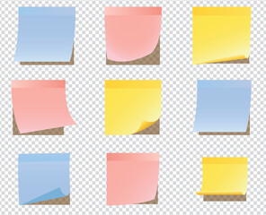Realistic blank sticky notes isolated on transparent background. Colorful sheets of note papers. Paper reminder. Vector illustration.Multicolor post it notes