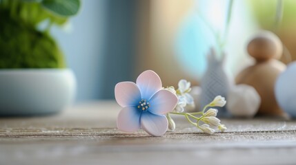  a white and blue flower sitting on top of a table next to a vase with a green plant in it.