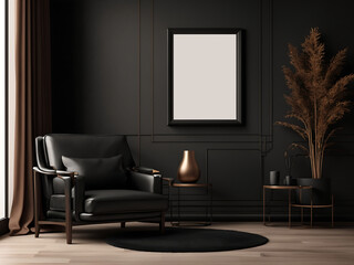 Picture frame mockup in dark tones with leather black armchair and decoration minimal design.3d rendering