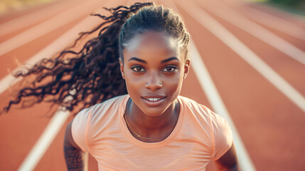 Portrait of a black girl running on a running track