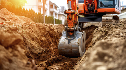 An excavator making a trench to build a house