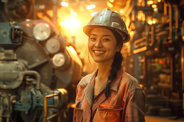Portrait of a female worker in an industrial plant with large machinery - obrazy, fototapety, plakaty