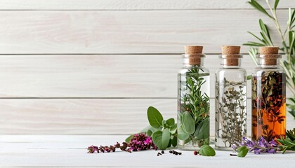 bottles with herbs inside on a light wooden background, leaves nearby,  copy space, homeopathy  - obrazy, fototapety, plakaty