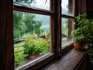 Raindrops cling to the window with a lush garden view from a quaint wooden cottage.