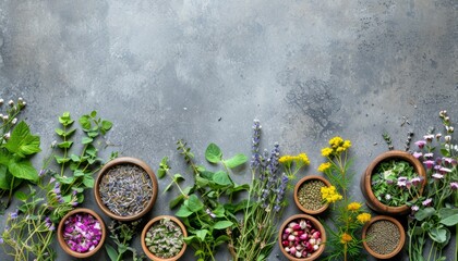 herbs and medicine on grey background, top view with copy space, alternative medicine, homeopathy 