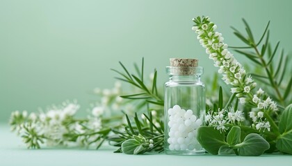Glass bottles with homeopathic globules on a light green background, copy space, background with herb and flower