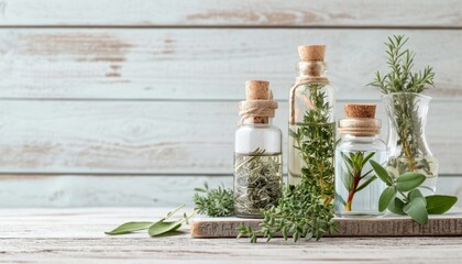 bottles with herbs inside on a light wooden background, jars standing to the right, leaves nearby, copy space, alternative medicine 