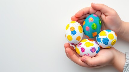 Fototapeta na wymiar Kid full hands holding painting Easter eggs. Hand with egg isolated on white background. Easter holiday concept. Close up, selective focus