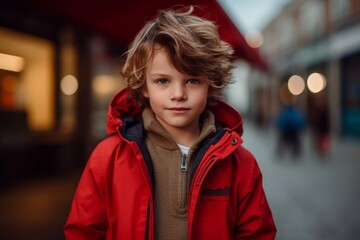 Portrait of a cute little boy in a red jacket on the street.