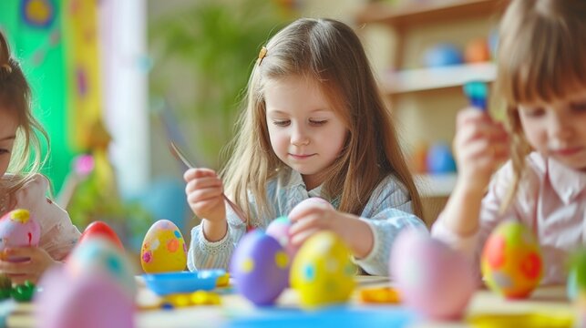 Children enjoying an Easter egg painting activity, using brushes and vibrant paints to create beautifully decorated egg