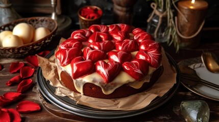  a heart shaped cake sitting on top of a table next to a bowl of eggs and a basket of flowers.