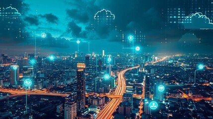 Smart city with 5G technology on top of which there generated by ai