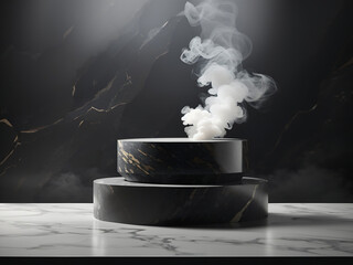 Abstract minimal concept. Dark background with natural granite stones, podium, and smoke surrounding design. Mock-up template for product presentation designed. 3D rendering. Copy text space.